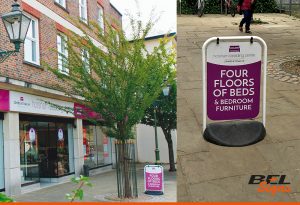 Swinger Pavement Sign for Horsham Bedding in Horsham Town Centre